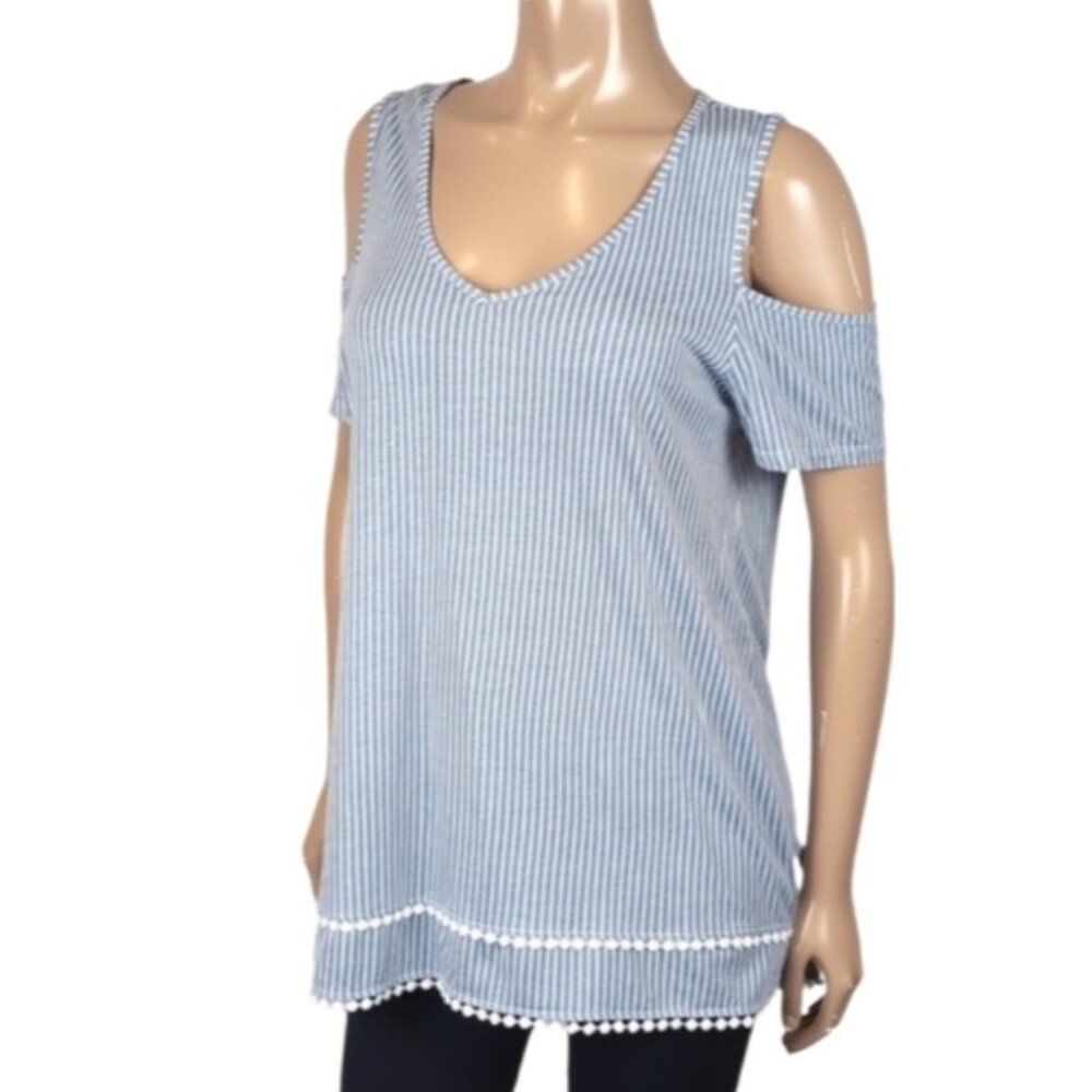 💠Kismet Cold Shoulder Tunic Top Womens Size Large Blue White Striped Tshirt